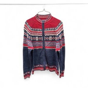 TIARA INTERNATIONAL Women's Red Blue Snowflake Zip Up Cardigan Sweater small